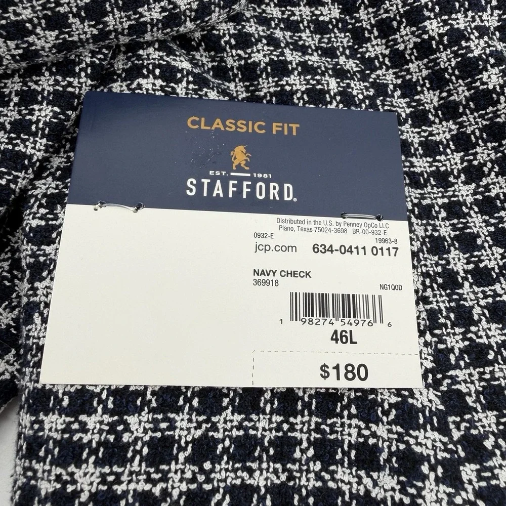 Stafford Mens Classic Fit Navy Check seasonal Sport Coat Blazer‎ Jacket 46L Long